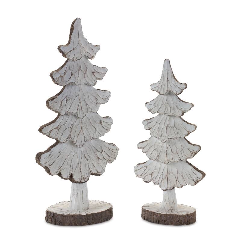 2 White Brown Carved Pine Tree Christmas Tabletop Decorations 16"