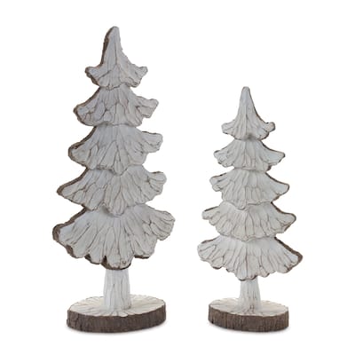 2 White Brown Carved Pine Tree Christmas Tabletop Decorations 16"