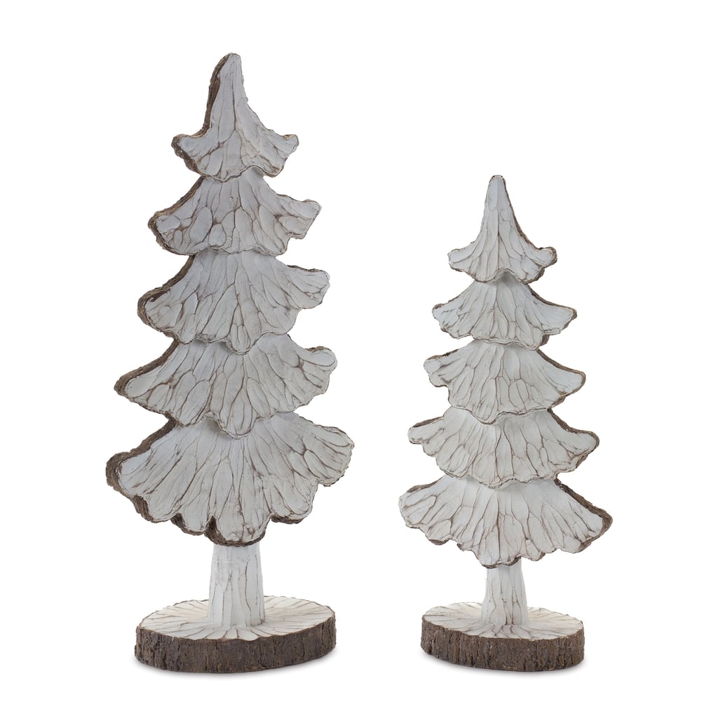2 White Brown Carved Pine Tree Christmas Tabletop Decorations 16"