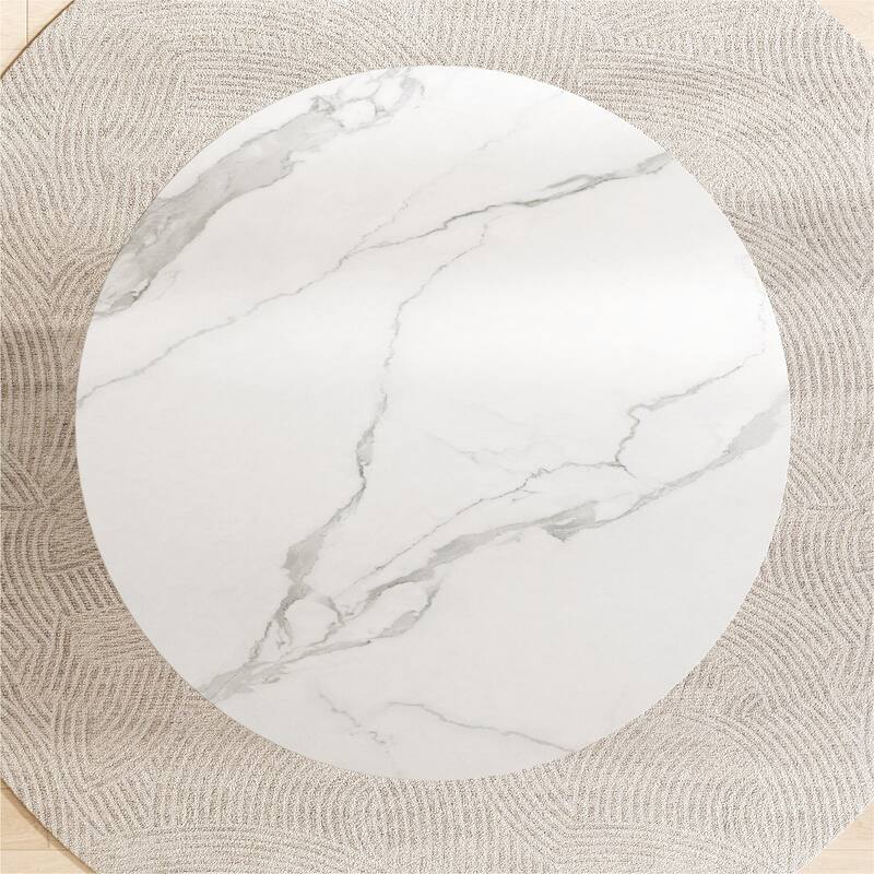 Modern 35.43 Inch Round Dining Table, Glossy Sintered Stone Top with Pleated PU Leather Iron Pedestal, Adjustable Feet - White