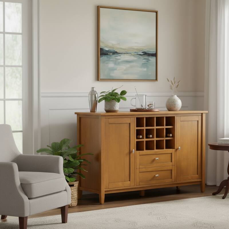 WYNDENHALL Norfolk Solid Wood 54" Wide Transitional Storage Cabinet with Wine Rack in Light Golden Brown - 18"D x 54"W x 34"H - Light Golden Brown