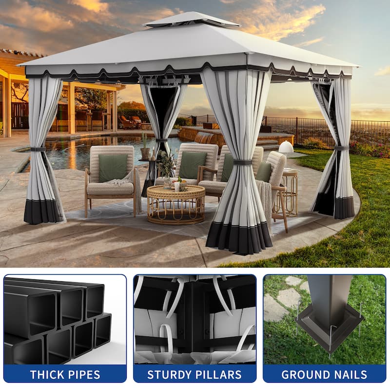 Outdoor 10x10/12Ft Patio Gazebo Canopy with Soft Roof Netting Curtains