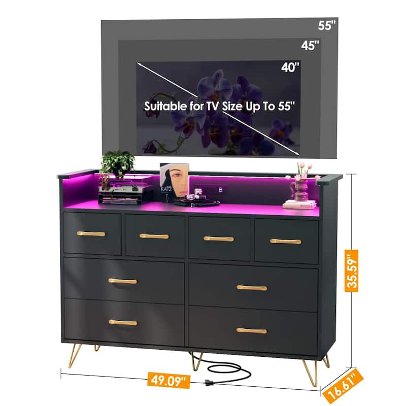 8 Drawer Dresser for Bedroom with LED Light, Charging Station & Open Shelf