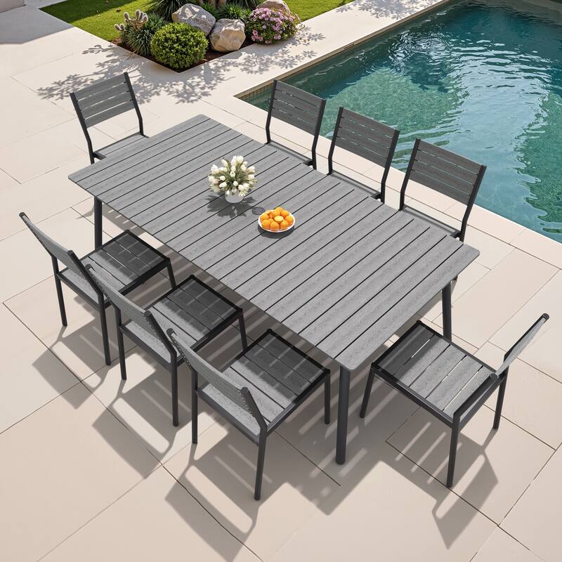 Outdoor Aluminum 9-piece Patio Dining Set Dining Table with Umbrella Hole and Chairs - Dark Grey
