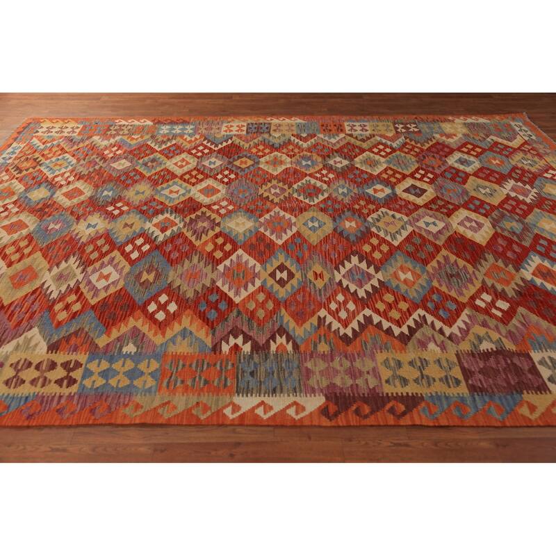 Orange Kilim Reversible Area Rug Hand-Woven Wool Carpet - 8'4"x 11'5"