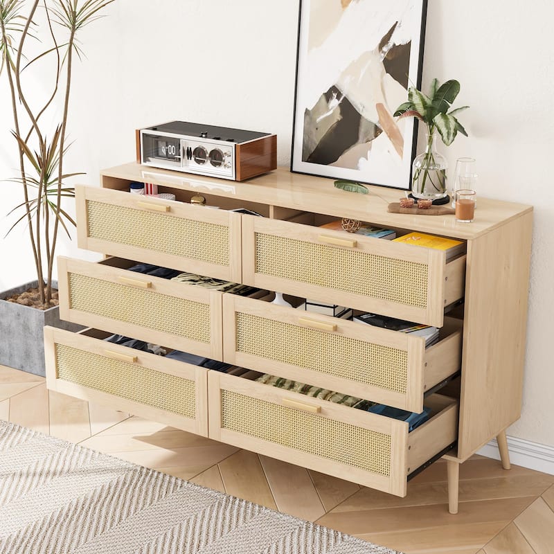 6 Drawer Rattan Double Dresser, Wooden Storage Wardrobe Dresser, Decorative Cabinet with Wood Handles and Legs