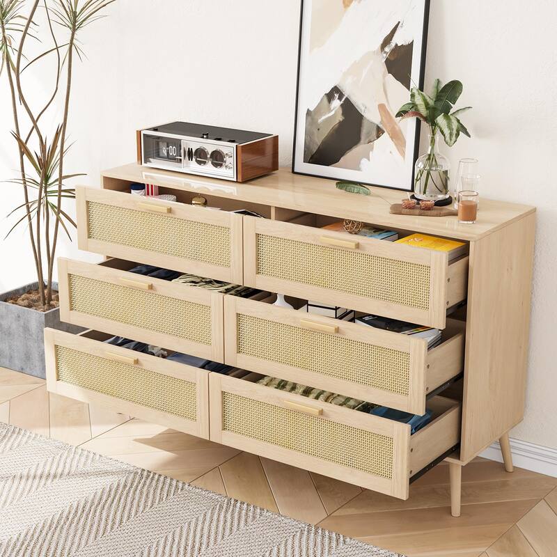 Modern Drawer Dresser Rattan Dresser with 6 Drawers Wide Wooden Handles, for Living Room Bedroom, Hallway