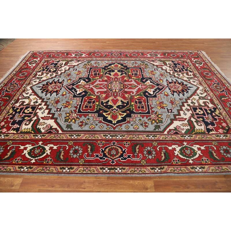 Light Blue Geometric Heriz Serapi Indian Area Rug Handmade Wool Carpet - 7'11"x 10'5"