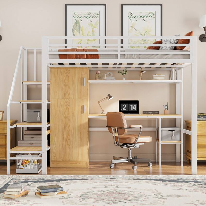 Full-Size Metal Loft Bed with Built-in Wardrobe, L-Shaped Desk, Charging Ports, and Multi-Layer Storage Shelves