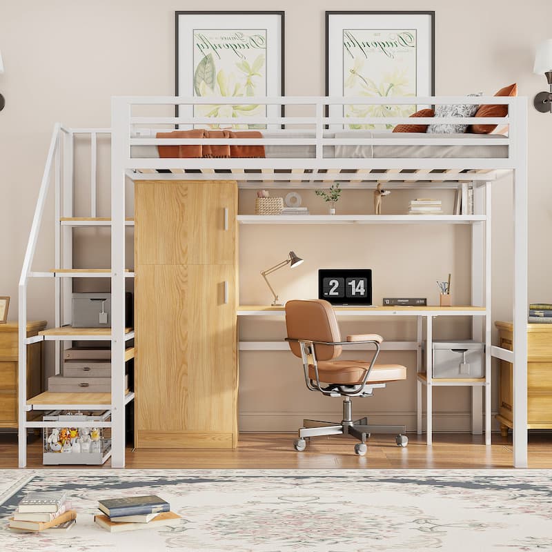 Roomfitters Metal Twin Loft Bed with Desk, Storage Shelves, Wardrobe and Staircase