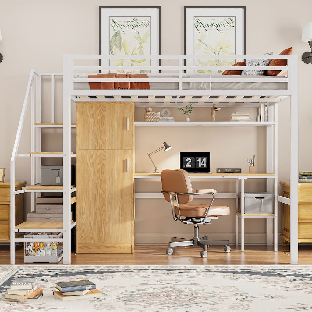 Twin Size Bed Frame Metal Loft Bed with Desk, Shelf, Built-in Wardrobe and Storage Staircase for Children, Boys and Girls