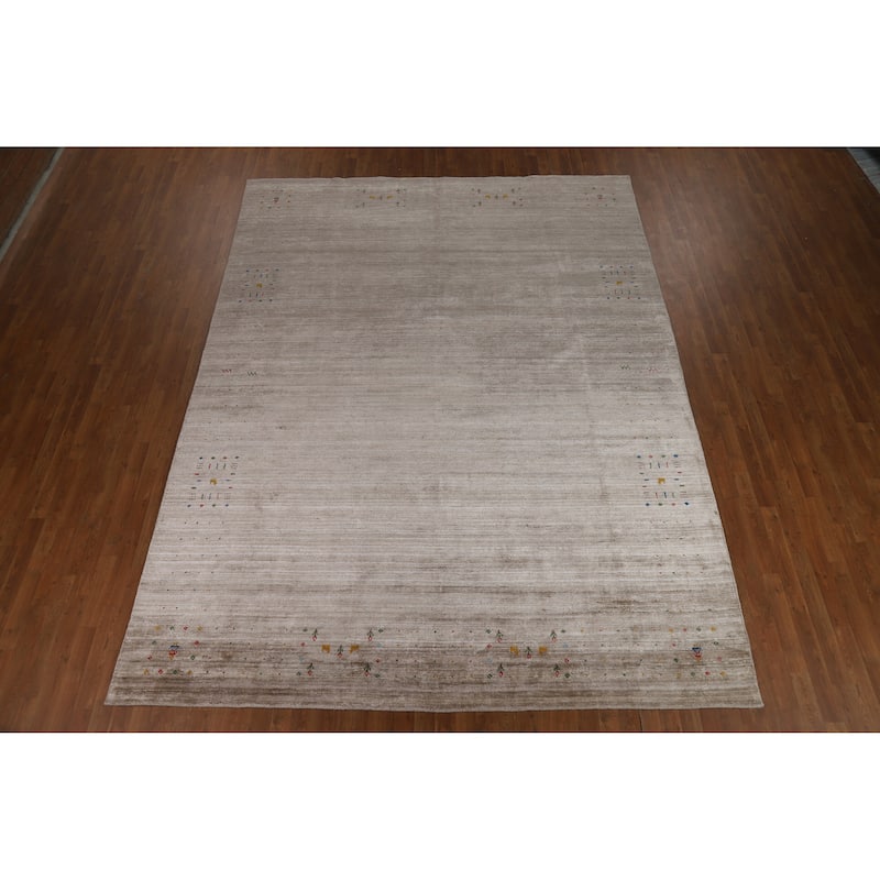 Light Brown Gabbeh Oriental Area Rug Hand-Knotted Silk Carpet - 8'11" x 11'10"