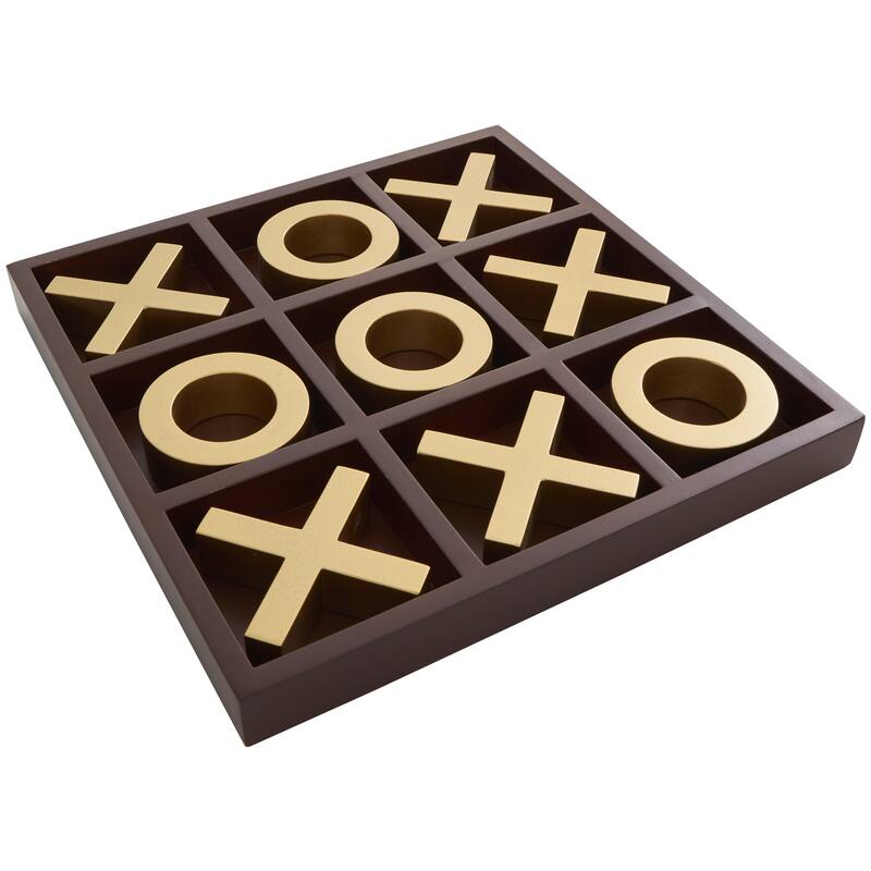 Wooden Tic Tac Toe Game Set with Gold X and O Pieces - Brown - Roche River Decor - Brown MDF - 14"W, 2"H