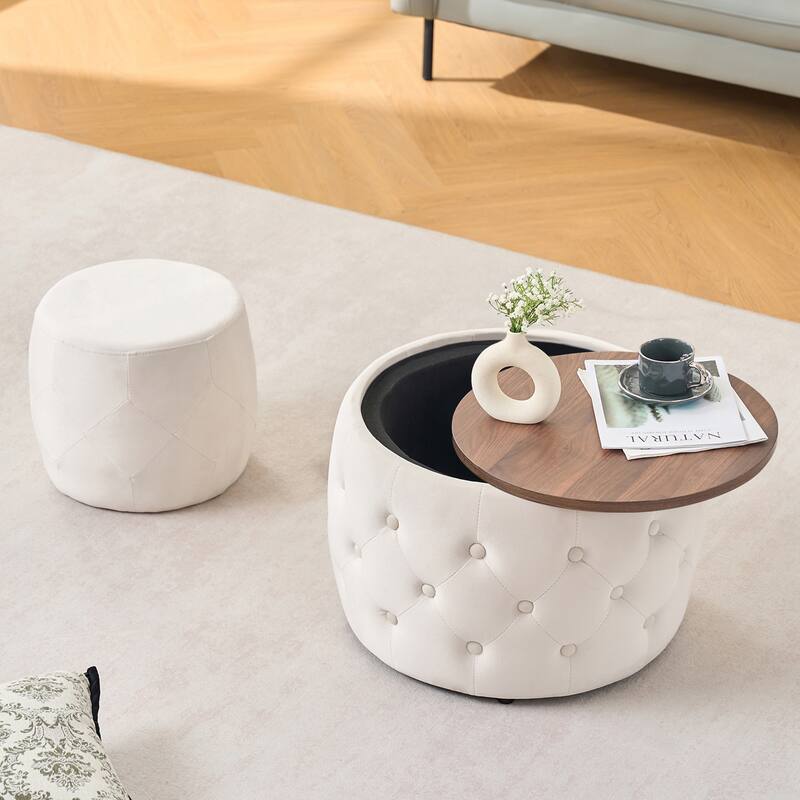 Luxurious Nesting Ottomans of 2, Round Storage Foot Stool with Wood Tray