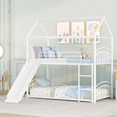Kids House Bed, Metal Bunk Bed with Slide