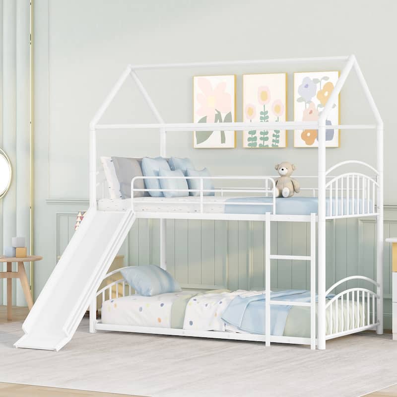 Metal Twin Over Twin Bunk Bed with Slide - Kids House Style Bed in White - White