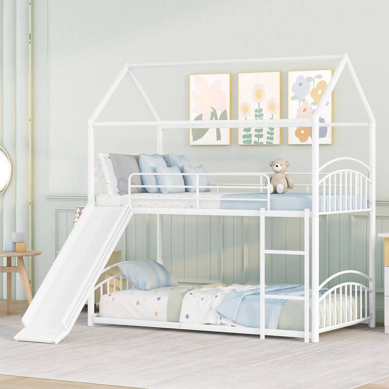 White Twin over Twin Metal House Bunk Bed with Slide, Convertible Design - White