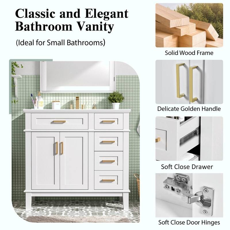 36" Modern Bathroom Vanity with Ceramic Sink, Soft-Close Door and 4 Storage Drawers