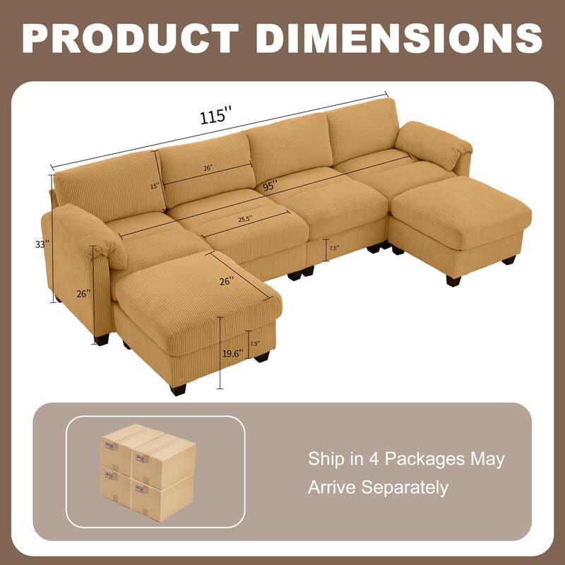 Corduroy Sectional Sofas with 2 Removable Ottomans, U-shaped Symmetrical 6-Seat Modular Couch