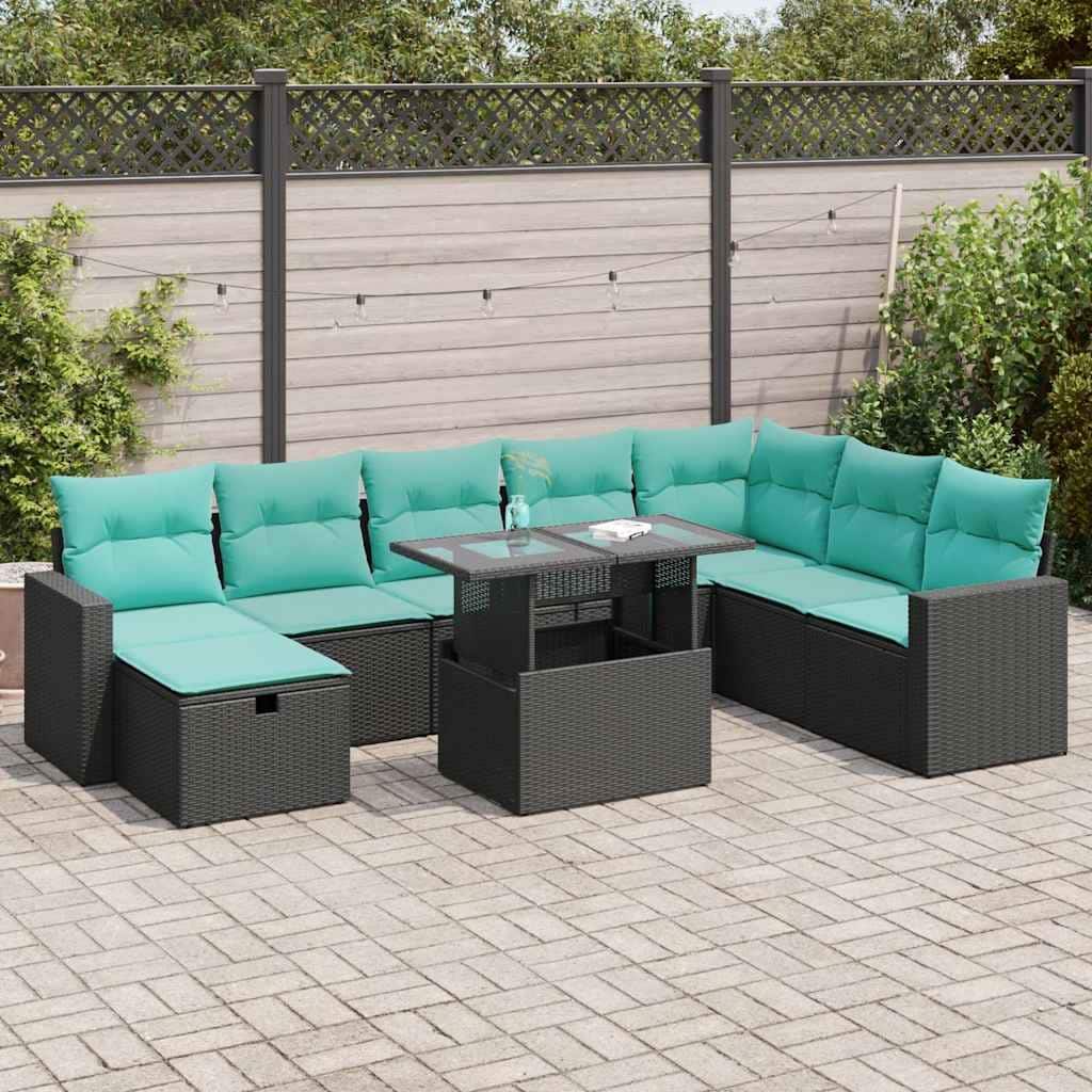 vidaXL Patio Sofa Set with Cushions and Table Outdoor Garden 9 Piece Poly Rattan - 24.4" x 24.4" x 27.2"