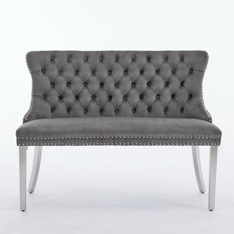 GDF Studio- Velvet Mid-Century Double Dining Loveseat Bench with Tufted Buttons & Stainless Steel Legs
