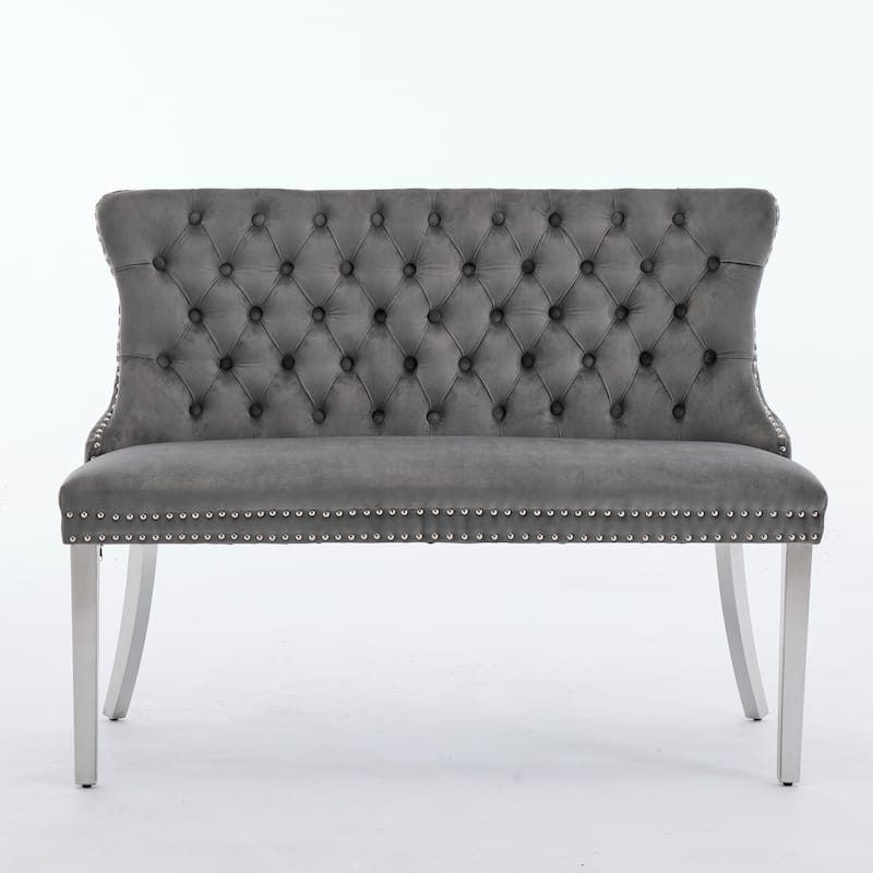 Velvet Double Dining Loveseat Bench, 2-Seat Tufted Bench w/Handmade Buttons, Wing Back, Gold-Plated Steel Legs, Single Pack
