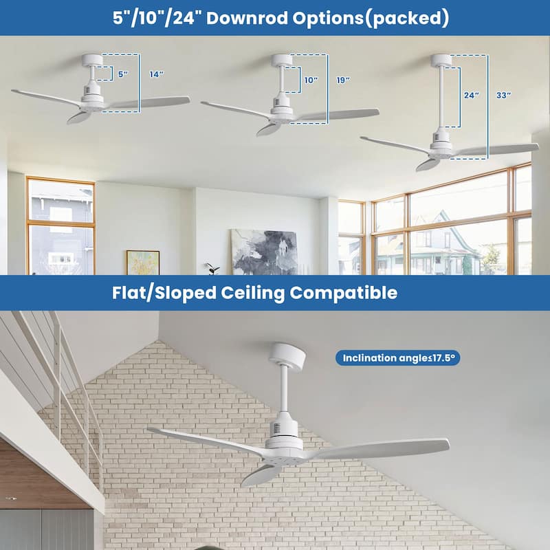 52 inch Wood Ceiling Fan with Light and Remote, Dimmable LED and Reversible DC Motor