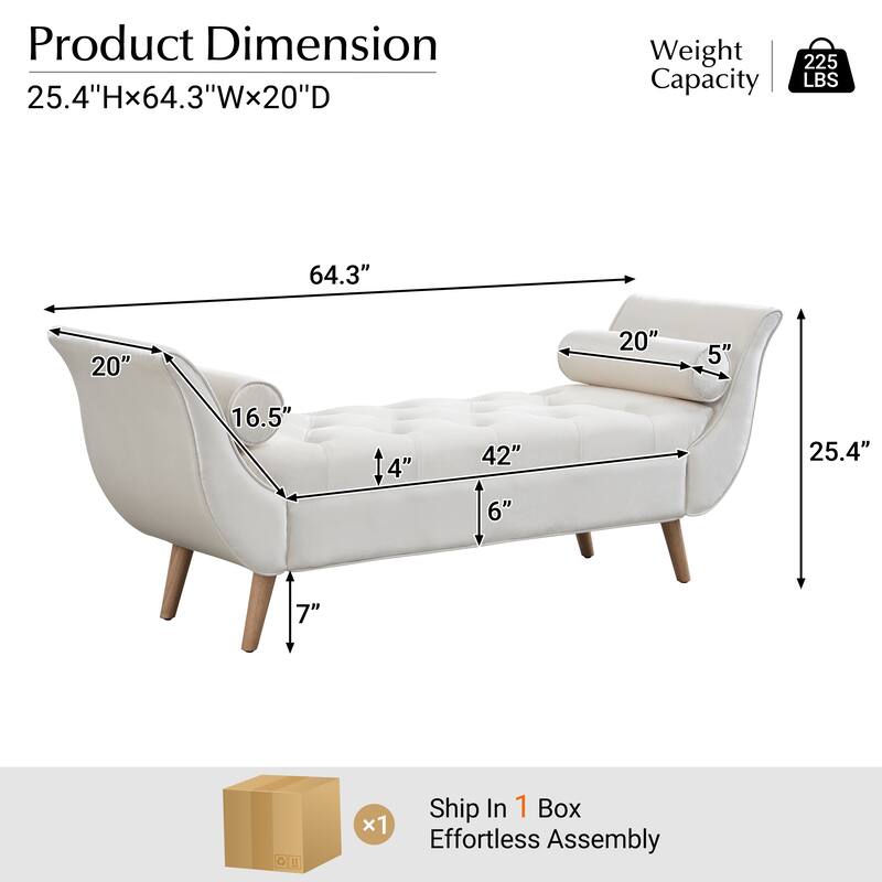 Dusty Teal Button-Tufted Ottoman Bench - Large Upholstered Foot Rest with Legs & Rolled Arms