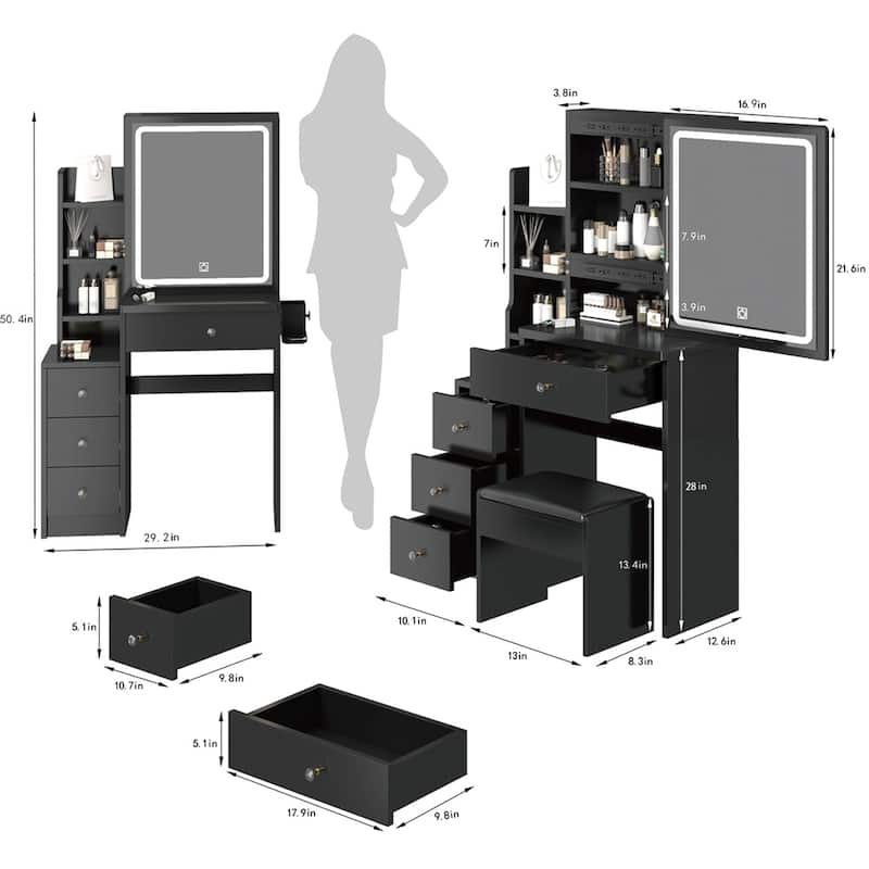 Vanity Table with Cushioned Stool,Adjustable Touch Control LED Mirror