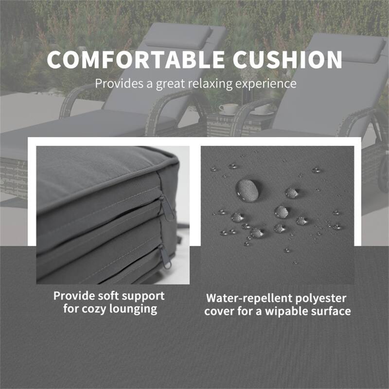 3 Piece Outdoor Rattan Chaise Lounge Chair Set with Cushions and Glass Top Side Table - 78.75" L x 28.75" W x 40.5" H