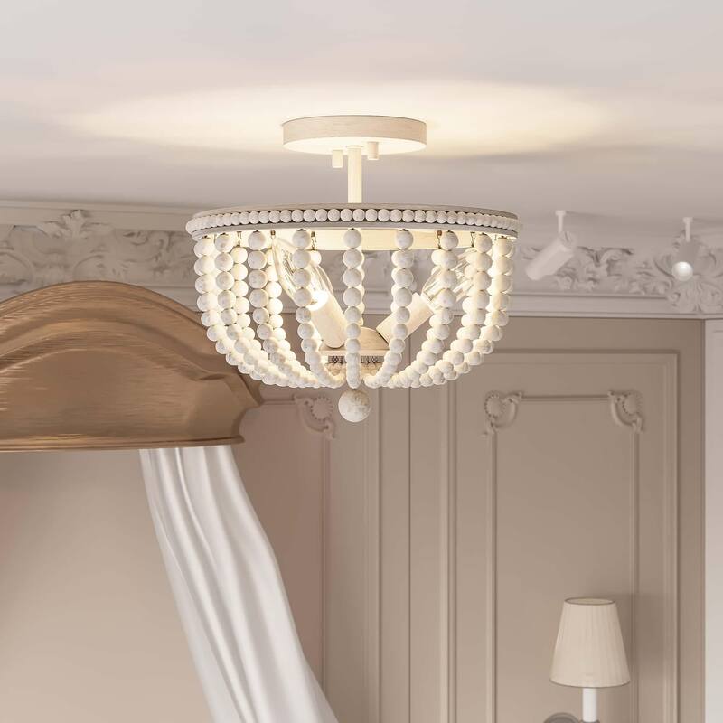 Cauhu 3-light Farmhouse Coastal Wood Beaded Semi Flush Mount Ceiling Lights -UL