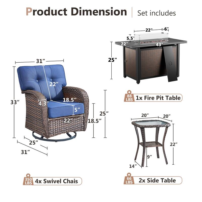 Pocassy Outdoor 43 In Fire Table with Sofa Patio Swivel Chair Set
