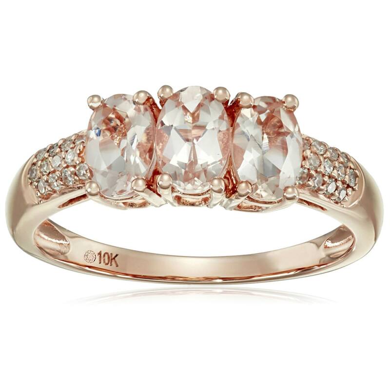 Rose Gold Over Sterling Silver 6x4mm Oval Morganite, White Topaz 3 Stone Ring