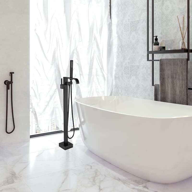 Floor Mount Tub Faucet Freestanding Tub Filler With Handheld Shower in Matte Black