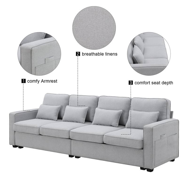 Modern Linen Fabric Sofa with Armrest Pockets