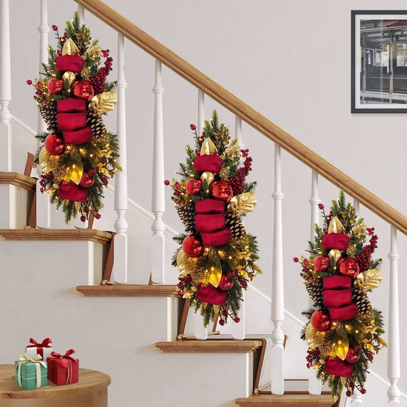 Puleo International 28" Pre-Lit Battery-Operated Adorned Banister Swag - Green
