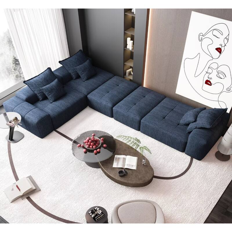 Oversized Modular Sectional Sofa,Sparkling Chenille Fabric,DIY Sofa - 2-Ottoman+2-Seater+1-Chaise+1-Amrest - Blue