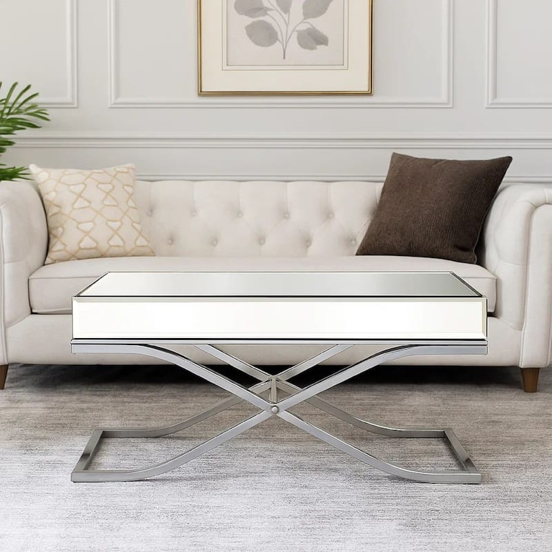 Gavin 48 Inch Coffee Table, Mirrored Panels, Curved Crossed Frame, Chrome