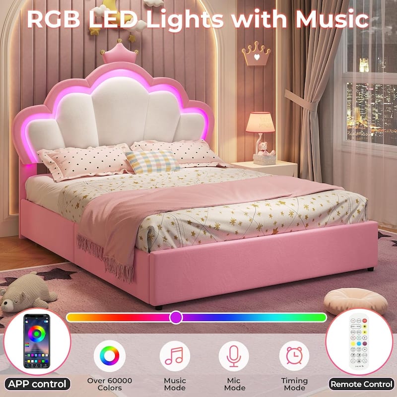 Bed Frame LED Lights Girls Bed Princess Crown Velvet Upholstered Platform Bed