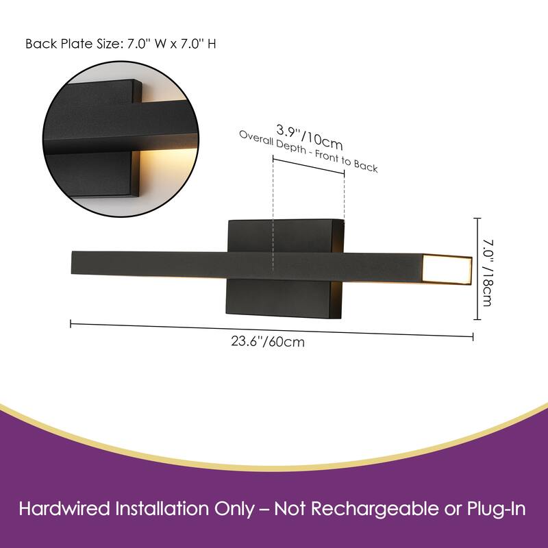 23.6" Modern Black Outdoor Wall Light - 37W 3000K Warm Light, IP54 Waterproof Linear Fixture for Patio & Porch