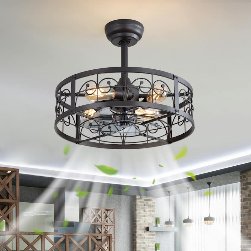20" Matte Black Metal Caged Ceiling Fan with Light and Remote(7-Blade)