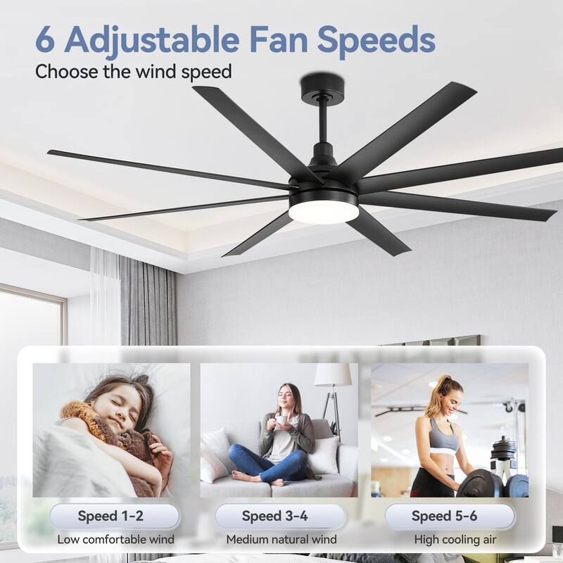 52"/ 65"/72" Black LED Ceiling Fan with Light Kit and Remote(5/8 Blade)