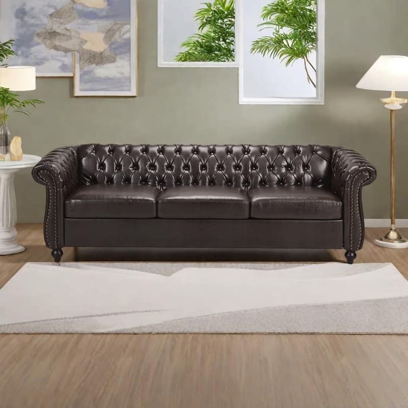 84.75" PU 3-Seater Sofa - Classic Button-Tufted Design with Nailhead Accents and Scrolled Arms - Brown