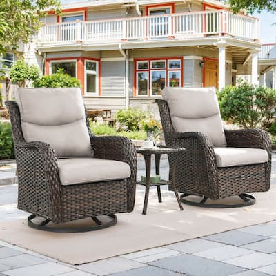3 Pieces Wicker Swivel Glider Chairs with Side Table- Beige cushion - Brown