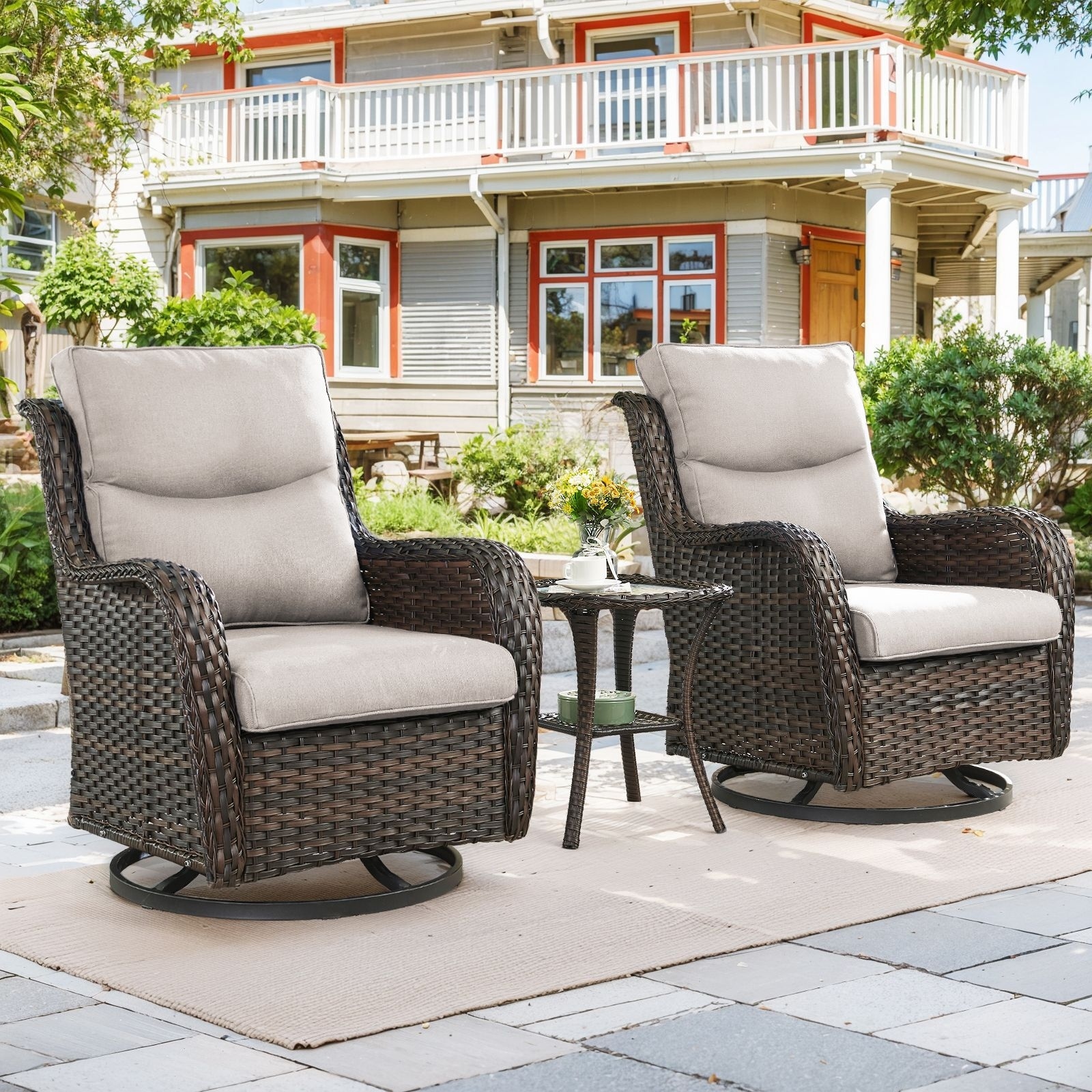3 Pieces Wicker Swivel Glider Chairs with Side Table- Beige cushion - Brown