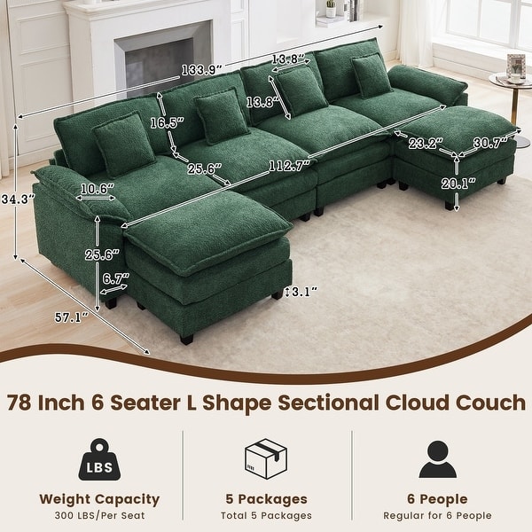 dimension image slide 14 of 17, Modular Cloud Chenille Sectional Sofa with Ottomans, Deep Seat Convertible L-Shaped or U-Shaped Couch