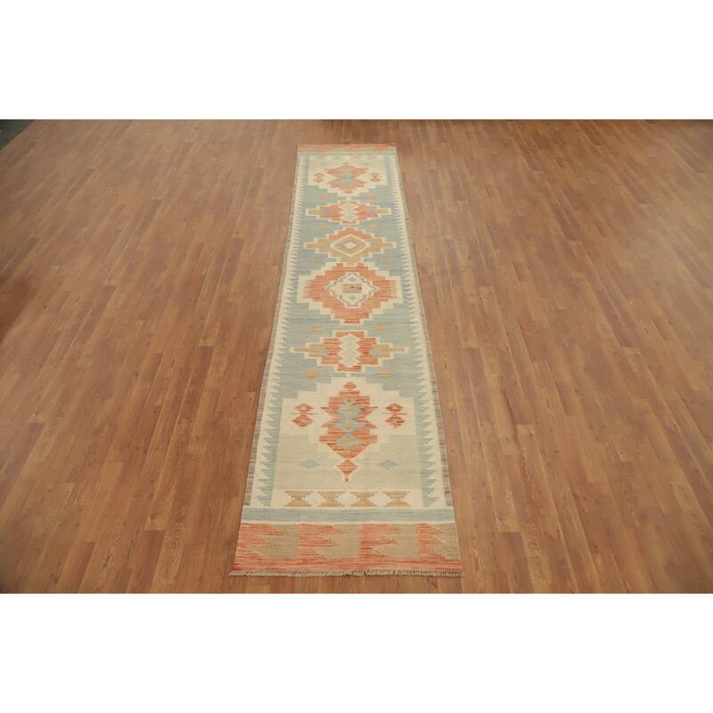 Hand Woven Oriental 100% Wool Carpet Southwestern Tribal Multi-Colored Kilim Runner Rug - 11' 9'' X 2' 8''