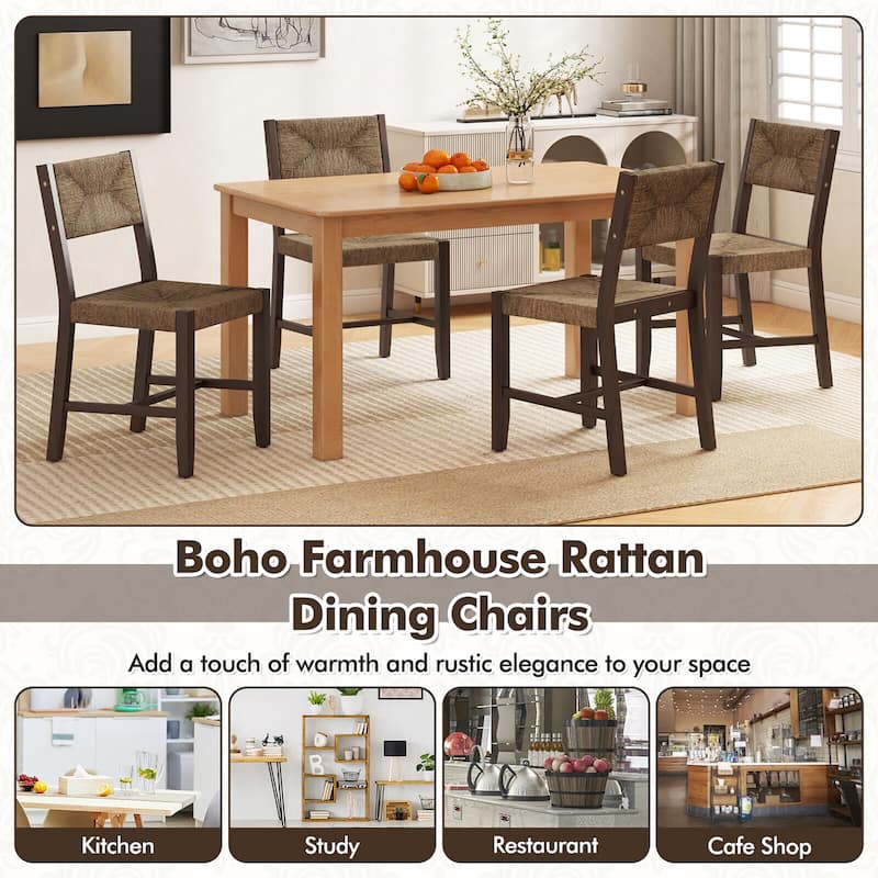 Gymax Wooden Dining Chair Set of 4 w/ Natural Weave Seagrass Rattan