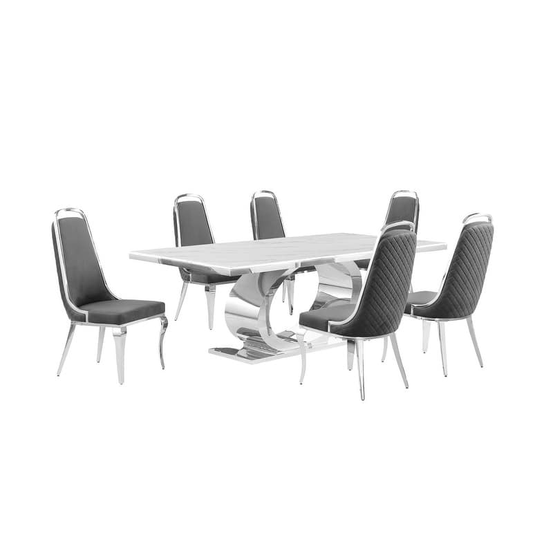 Best Quality Furniture D432/3-SC310-7 Dining Set with 87" White Marble Top