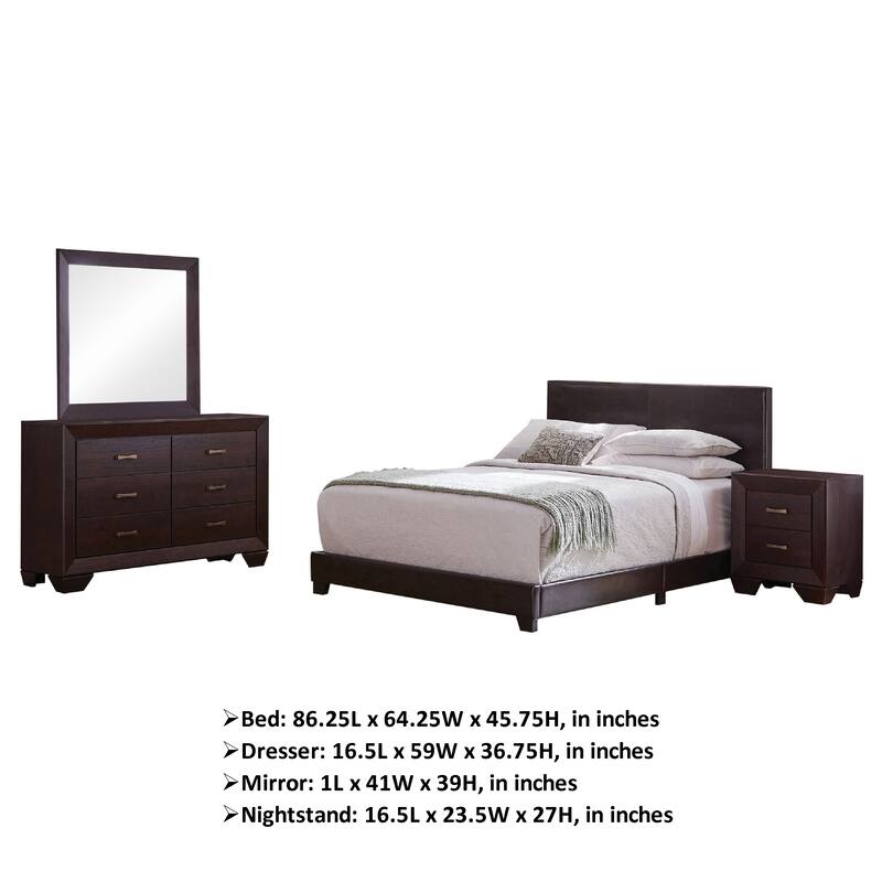 Desy 4pc Queen Size Bedroom Set, Extra Dark Cocoa Brown Faux Leather
